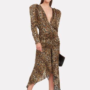 Ronny Kobo Astrid Leopard Burnout Dress Puffed Sleeves V-Neck Womens Size M